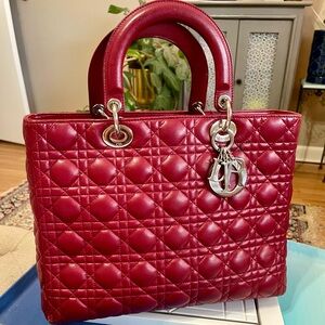 Dior Red Lambskin Leather Large Lady Dior Bag